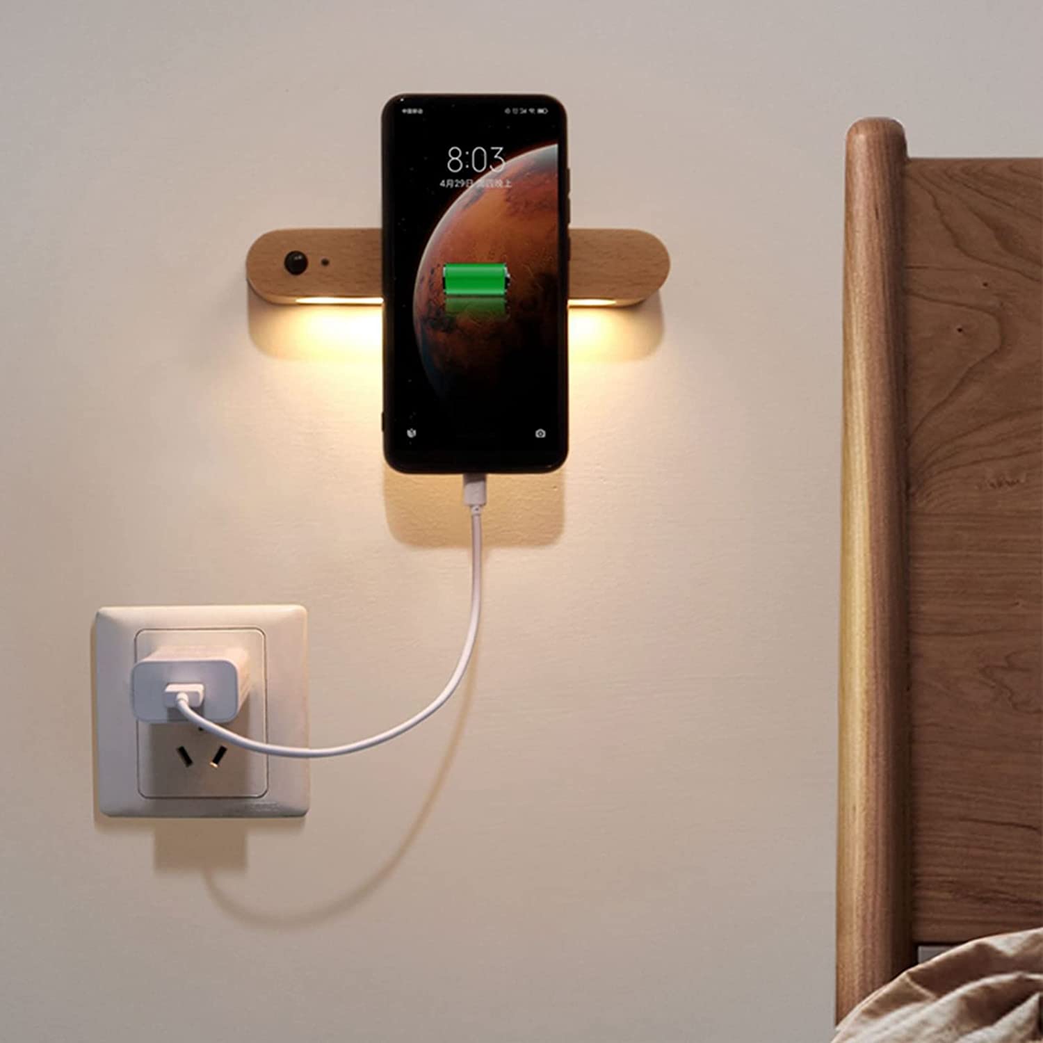 Wooden Motion Sensor Wall Lights Battery Operated LED USB Rechargeable - Image 5