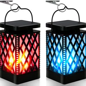 2 Pack Solar Lights Outdoor LED Hanging Lanterns Dancing Flame 8 Color Changing